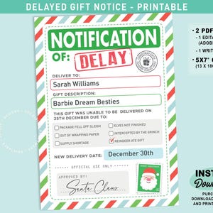 Puede incluir: Aviso imprimible de retraso de regalo de Navidad con un borde rojo y verde. El aviso incluye campos para el nombre del destinatario, la descripción del regalo y una nueva fecha de entrega. El texto dice "El reno se comió el regalo."
