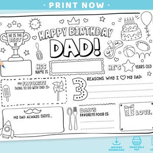 Alles Gute zum Geburtstag Papa Malseite | Druckbare Alles über Papa Ausfüllvorlage | Vaters Geburtstagsaktivität | Papas druckbares Geschenk für Kinder