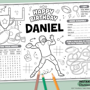 May include: Black and white printable football-themed birthday activity sheet with the text "Happy Birthday Daniel". Includes a football player illustration, word puzzles, and a maze. Features the text "Instant Download".