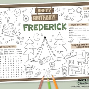 Könnte beinhalten: Ein schwarz-weißes Aktivitätsblatt für eine Camping-Geburtstagsfeier mit dem Text "Happy Birthday Frederick". Das Blatt enthält einen Kuchen, ein Zelt und verschiedene Camping-Illustrationen sowie Worträtsel und ein Labyrinth.