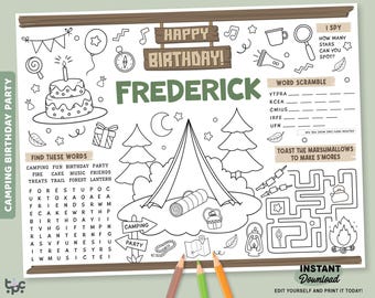 Editable Camping Birthday Placemat | Campout Party Coloring Page | Printable One Happy Camper Worksheet | Picnic Personalized Party Favor