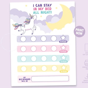 Puede incluir: Una tabla de recompensas con un unicornio blanco de crin y cola arcoíris, una luna creciente amarilla y nubes moradas. El texto dice I CAN STAY IN MY BED ALL NIGHT! y MY BIG REWARD WILL BE, e incluye cuatro filas de círculos y estrellas.