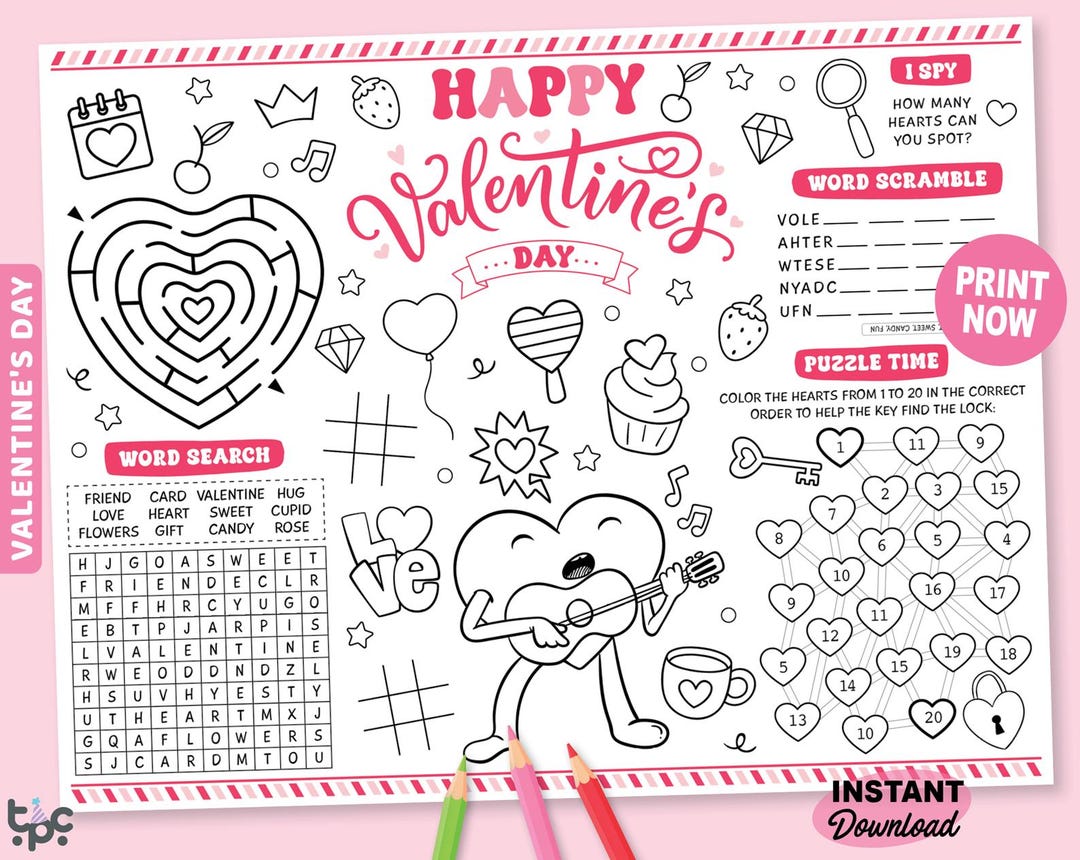 Valentines Day Activity Coloring Mat | Printable Valentines Placemat ...