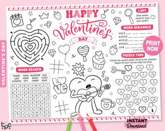 Valentines Day Activity Coloring Mat | Printable Valentines Placemat for Kids | Love Holiday Coloring Page | Kids Valentine Worksheet