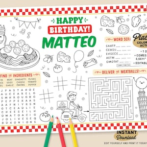 Jogo Americano Editável para Festa de Almôndegas | Página para Colorir de Festa Italiana para Imprimir | Atividade de Aniversário | Jogo Americano de Espaguete | Página para Colorir de Restaurante