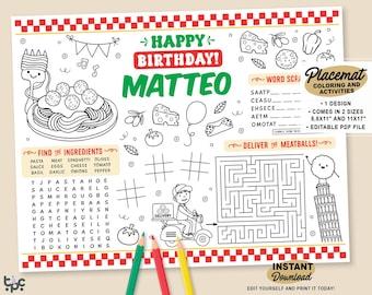 Editable Meatball Party Placemat | Printable Italian Party Coloring Page | Birthday Activity | Spaguetti tablemat | Restaurant Coloring Page