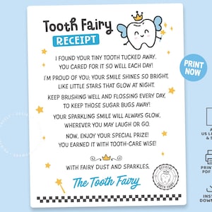 May include: A printable Tooth Fairy receipt featuring a cartoon tooth character with wings and a crown. The text includes a poem about brushing and flossing, a signature from The Tooth Fairy, and a circular official seal. The design includes yellow stars.