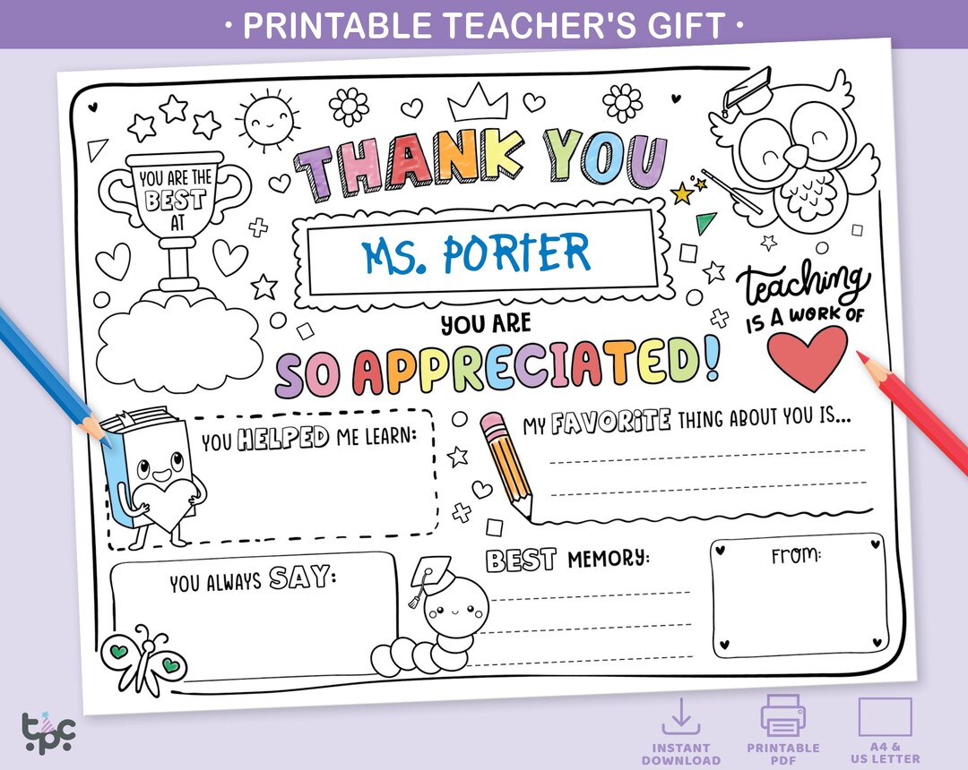 Personalized Teacher Appreciation Coloring Page | Printable All About ...