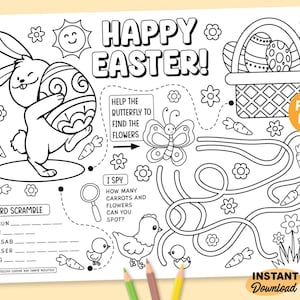 May include: Black and white Easter-themed placemat with a bunny holding an egg, a basket of eggs, and a maze. Includes the text "Happy Easter!" and "Instant Download". Features a word scramble and "I Spy" game.