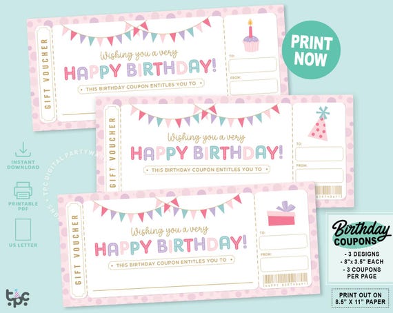 Printable Birthday Coupon Book | Girls Day Coupon | Experience Ticket Voucher | Birthday Gift Voucher Template | Gift Certificate