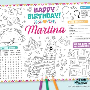 May include: A printable Mexican-themed birthday party activity sheet with the text "Happy Birthday! Martina." Includes a word search, word scramble, I Spy game, and a maze. Features a piñata, taco, sombrero, and maracas.