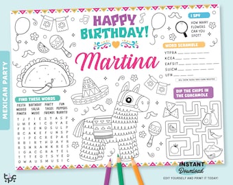 Editable Fiesta Birthday Party Coloring Placemat | Printable Kids Mexican Party Page | Taco Bout Activity Sheet | Personalized Party Favor