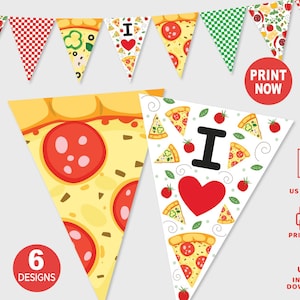 Banner para Festa de Pizza IMPRIMÍVEL | Bandeirinhas de Aniversário com Tema de Pizza | Bandeirinhas para Festa Italiana | Placas DIY "Eu Amo Pizza" | Guirlanda para Festa de Culinária