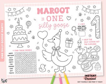 Editable One Silly Goose Birthday Party Placemat, Printable First Birthday Girl Pink Coloring Sheet, Goose 1st Birthday Party Favor Template