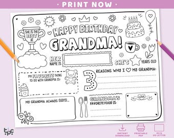 Happy Birthday Grandma Coloring Page | Printable All About My Grandma Fill In Template | Activity | Granny Birthday Printable Card for Kids