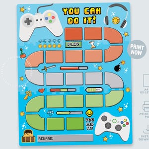 May include: A blue reward chart with a video game theme featuring the text "YOU CAN DO IT!" and "YOU DID IT!". The chart includes white game controllers, headphones, diamonds, coins, and a treasure chest. It has rows of orange, gray, and green boxes.