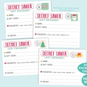 Puede incluir: Tarjetas imprimibles de intercambio de regalos de Secret Santa. Cada tarjeta presenta una pancarta roja con "Secret Santa - Gift Exchange" y secciones para nombre, ideas de regalos, favoritos y aversiones. Incluye sellos festivos y texto: "Tarjetas imprimibles de 13x10cm cada una."