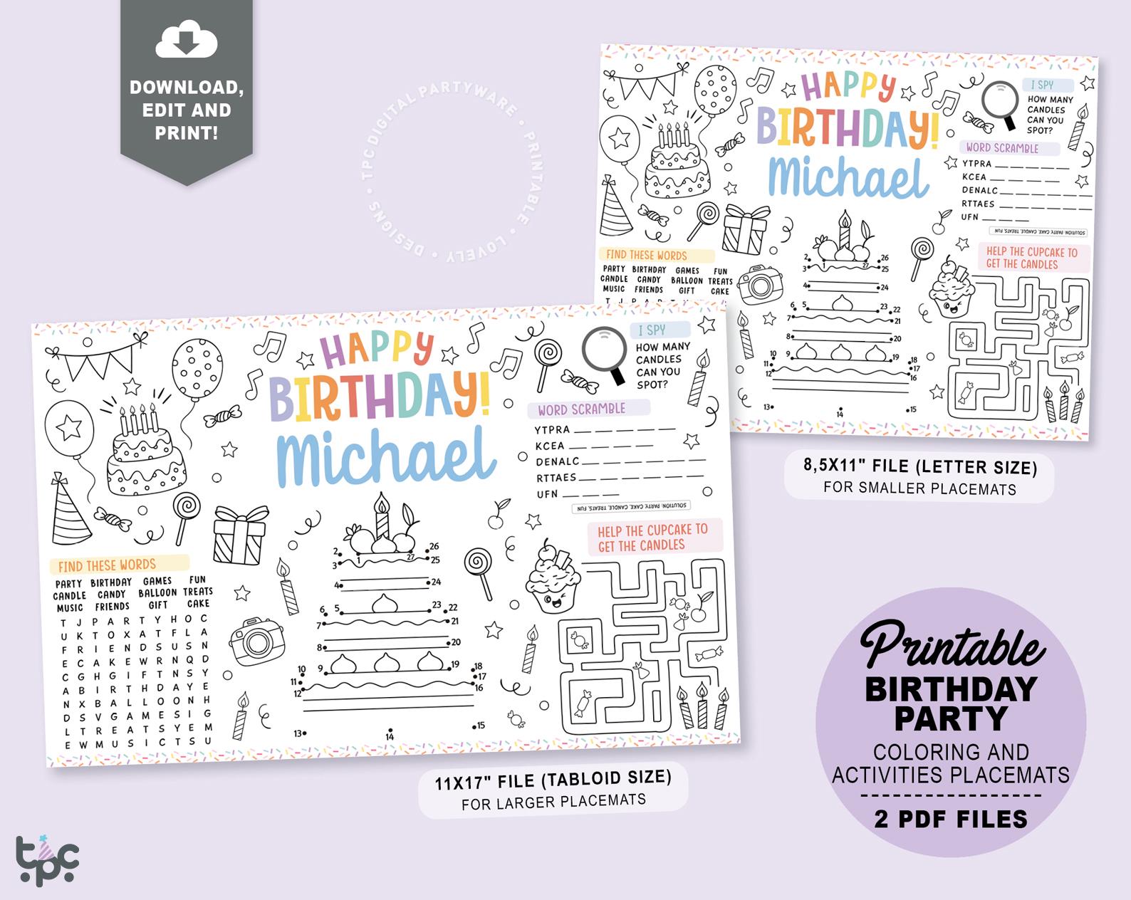 Editable Birthday Coloring Placemat | Printable Birthday Party Mat ...