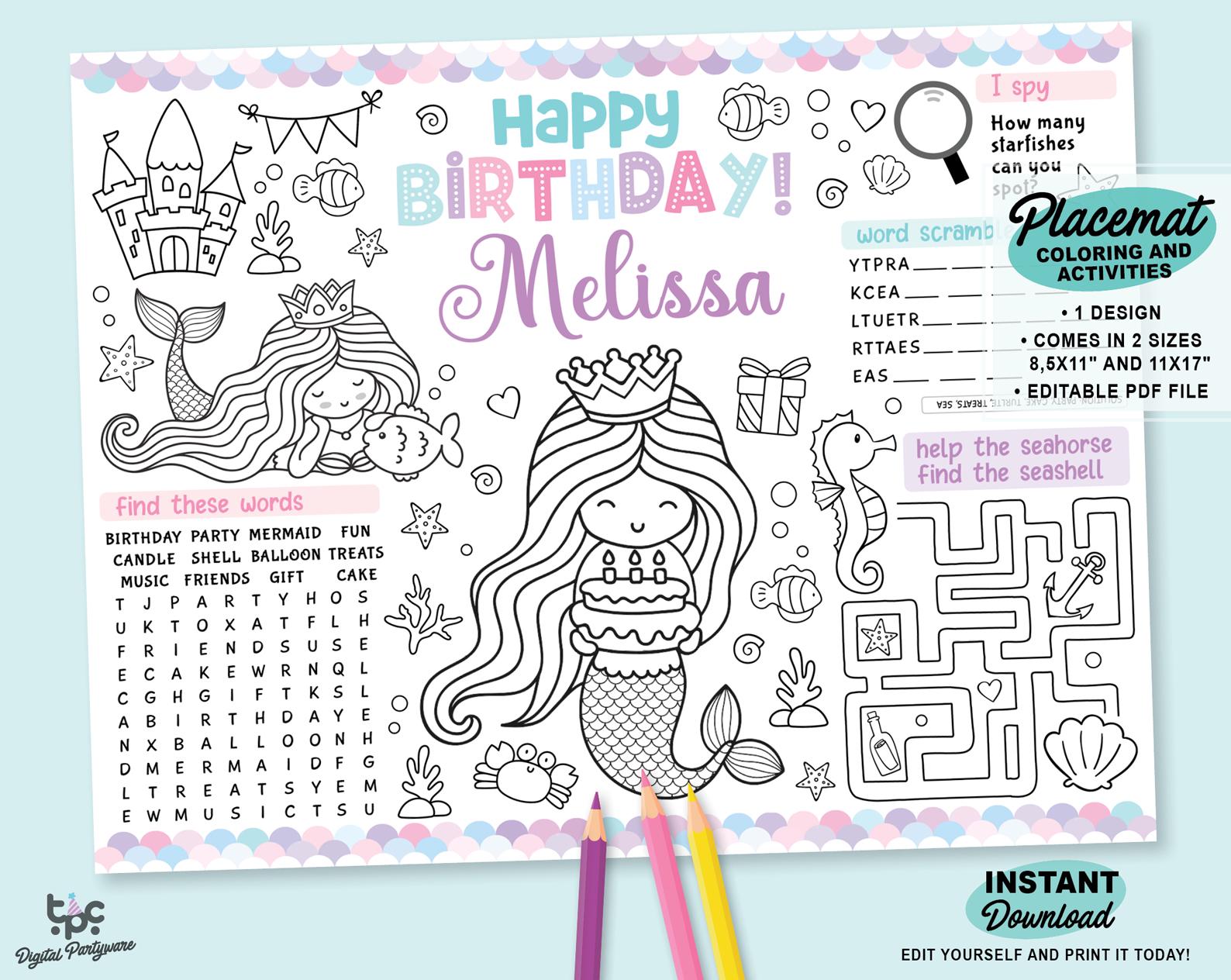 Editable Mermaid Party Placemat | Printable Under the Sea Birthday ...