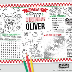 Puede incluir: Mantel individual con temática de pizza en blanco y negro con el texto "Pizza Party Happy Birthday OLIVER". Incluye actividades para colorear, un juego de palabras, un laberinto y una búsqueda de palabras de ingredientes. Disponible en dos tamaños: 21,6x28 y 28x43 cm.