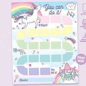 May include: A colorful reward chart featuring a unicorn, rainbow, and castle. The chart has spaces for tracking progress, with the words "You can do it!" and "You did it!" printed on it. The chart is designed for instant download and printable in A4 and US Letter sizes.