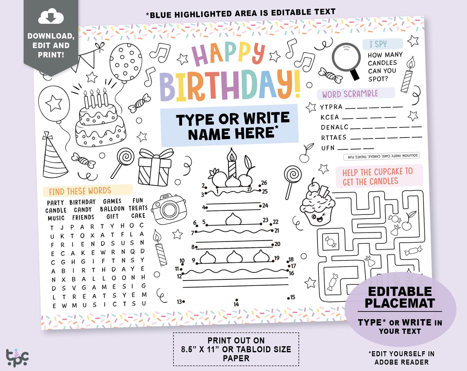 Editable Birthday Coloring Placemat | Printable Birthday Party Mat ...