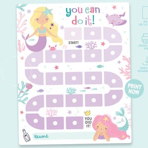 May include: A printable reward chart featuring mermaids, sea creatures, and the text "you can do it!". The chart has a path of squares for tracking progress, with the words "START!" and "YOU DID IT!" included. The design is in pastel colors.