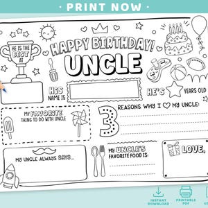 Puede incluir: Tarjeta de cumpleaños imprimible en blanco y negro para un tío, con espacios para rellenar detalles. Incluye áreas para el nombre, las cosas favoritas y las razones para amar. Presenta un trofeo, un pastel y otras ilustraciones.