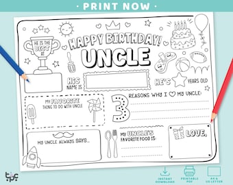 Happy Birthday Uncle Coloring Page | Printable All About My Uncle Fill In Template | Uncles Birthday Activity | Uncle’s DIY gift for Kids