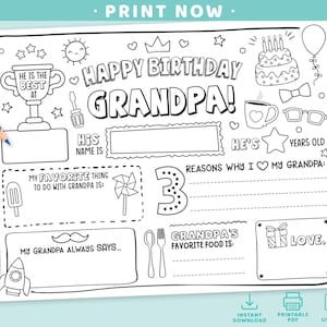 Gelukkige verjaardag opa kleurplaat | Afdrukbare invulsjabloon Alles over grootvader | Cadeaukaart verjaardag papa | Opa's kinderactiviteit