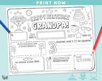 Happy Birthday Grandpa Coloring Page | Printable All About My Grandpa Fill In Template | Papa Birthday Gift Card | Grandad’s Kids Activity