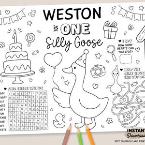 Editable One Silly Goose Birthday Party Placemat | Printable First Birthday Coloring Page | Goose 1st Birthday Sheet | Goose Party Favor