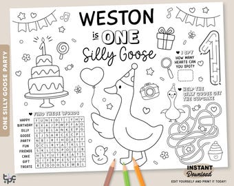 Editable One Silly Goose Birthday Party Placemat | Printable First Birthday Coloring Page | Goose 1st Birthday Sheet | Goose Party Favor