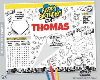 Editable Superhero Coloring Page | Printable Heroes Birthday Party Placemat | Kids Superhero Activity Worksheet | Personalized Party Favor