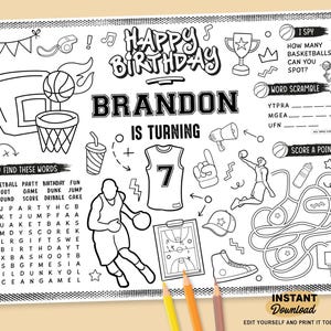 Editable Basketball Birthday Party Placemat | Sports Theme Birthday Party | Kids Birthday | Basketball Party Favor | Coloring Activity Mat