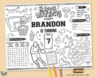 Editable Basketball Birthday Party Placemat | Sports Theme Birthday Party | Kids Birthday | Basketball Party Favor | Coloring Activity Mat
