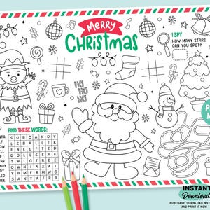May include: A black and white Christmas activity sheet featuring Santa Claus, an elf, a snowman, and a Christmas tree. The sheet includes the text "Merry Christmas", an I Spy game, and a word search puzzle. Colored pencils are in the bottom right corner.