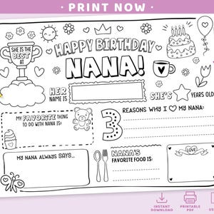 Gelukkige verjaardag oma kleurplaat | Afdrukbaar Alles over My Nana-invulsjabloon | Activiteit | Afdrukbare verjaardagskaart oma voor kinderen DIY