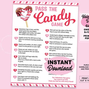以下が含まれることがあります： バレンタインデーのゲームの印刷可能なもの。サイズは21.6 x 27.9 cm。キャンディーのハートのグラフィックと遊び方の説明があります。「インスタントダウンロード」の文字が大きく表示されています。
