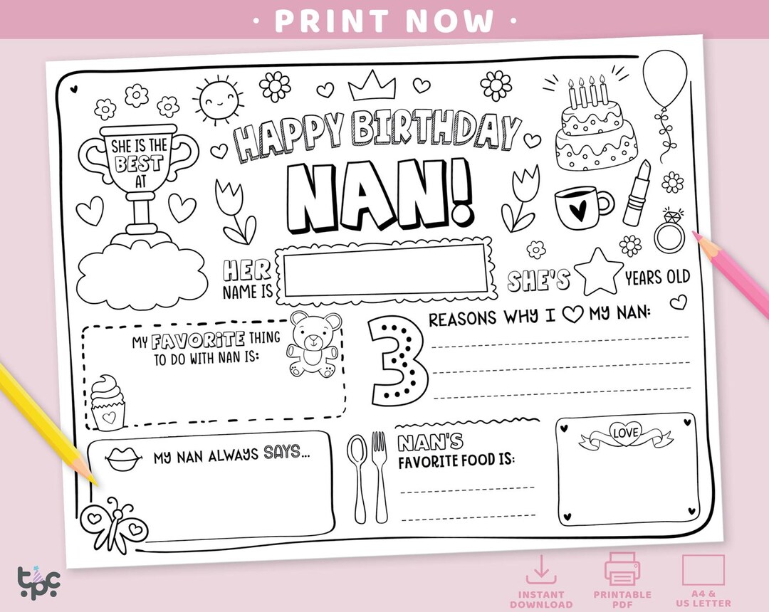 Happy Birthday Nan Coloring Page | Printable All About My Nan Fill in ...