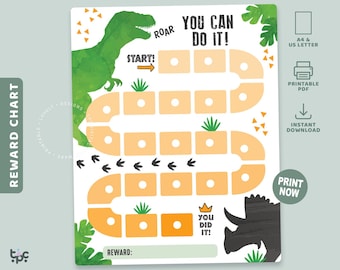 May include: A printable reward chart with a dinosaur theme. The chart features a green watercolor T-Rex, the text "YOU CAN DO IT!", and a path of orange squares. Includes the text "REWARD CHART" and "REWARD:" at the bottom.