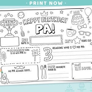 May include: A black and white printable birthday card with the text "Happy Birthday PA!" and fill-in sections. Features illustrations of a trophy, cake, and other celebratory icons. Two coloured pencils are visible.