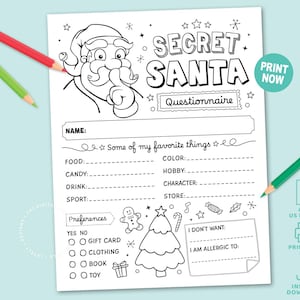 May include: Black and white Secret Santa wish list printable with Santa Claus illustration and fill-in-the-blank sections. Includes sections for favorite things, preferences, and allergies. Colored pencils are in the image.