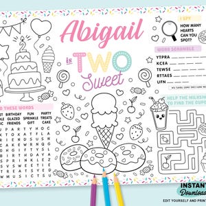 Zwei süße Geburtstagsparty Ausmal-Tischset | Druckbare süße Feier Seite | Süßigkeitsfarbe Aktivitätsblatt | Mädchen 2.Geburtstag | Tisch Dekor