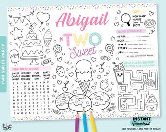 Two Sweet Birthday Party Coloring Placemat | Printable Sweet Celebration Page | Candy Color Activity Sheet | Girl 2nd Birthday | Table decor