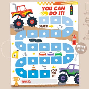 以下が含まれることがあります： モンスター トラックをテーマにしたカラフルな報酬チャート。チャートは、「YOU CAN DO IT！」と「YOU DID IT！」のテキストと、車、ツール、トロフィーのイラストが特徴のレーストラックのデザインです。「PRINT NOW」ボタンが含まれています。