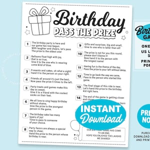 以下が含まれることがあります： 「Birthday Pass the Prize」のテキストが入った、白黒印刷可能な誕生日パーティーゲーム。説明とギフトボックスのグラフィックが含まれています。「Instant Download」と「Print Now」のテキストが特徴です。