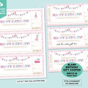 May include: Pink birthday gift vouchers with colorful bunting, a cupcake, and a party hat illustration. The vouchers read "Wishing you a very HAPPY BIRTHDAY!" and include space to write a custom gift. The text "DOWNLOAD, PRINT, CUT AND WRITE!" is also visible.