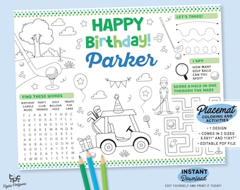 Editable Golf Party Placemat | Printable Let's Par tee Birthday Coloring Page | Activity Tablemat Template | Restaurant Games | Party Favor