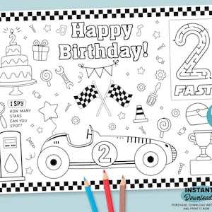 TWO Fast Birthday Placemat | Race Car 2nd Birthday Party Coloring Page | Vintage Racing Car Printable | Second Birthday Cars Party Favor